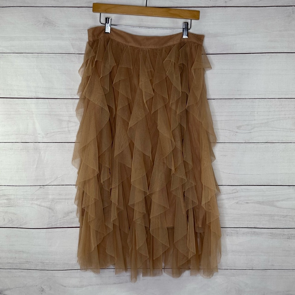 Layered Tulle Ruffle Midi Skirt - Tan Size 10